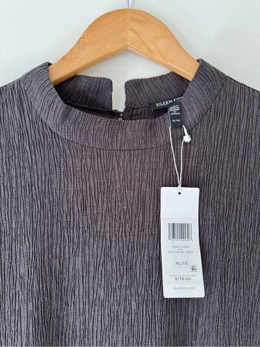 Eileen Fisher NWT Woven Plissé Mock Neck Dress Rye Color Size XL